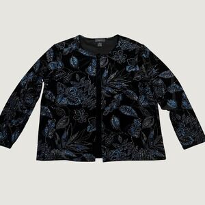 Vintage Elementz Black Blue Glitter Floral Velvet Top XL